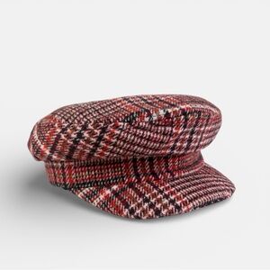 Red Herringbone Plaid Tweed Newsboy Baker Cabbie Cap Sz Small